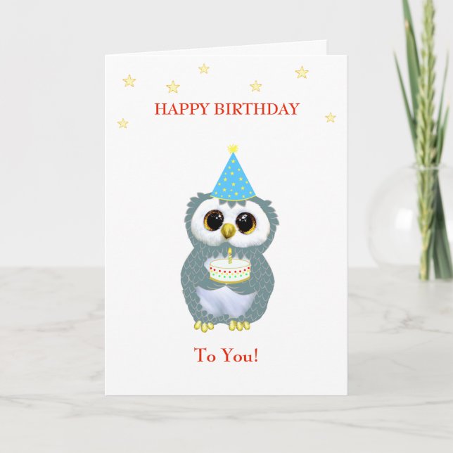 Cute Owl with Birthday Cake and Stars on White Card (Front)