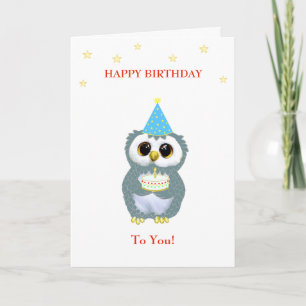 Cute Owl with Birthday Cake and Stars on White Card