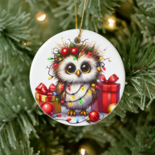 CUTE OWL WITH CHRISTMAS LIGHTS AND PRESENTS CERAMIC TREE DECORATION