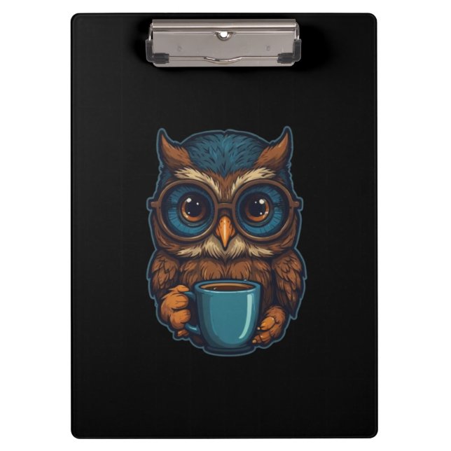 “Cute Owl with Coffee Cup” Funny Design Clipboard (Front)