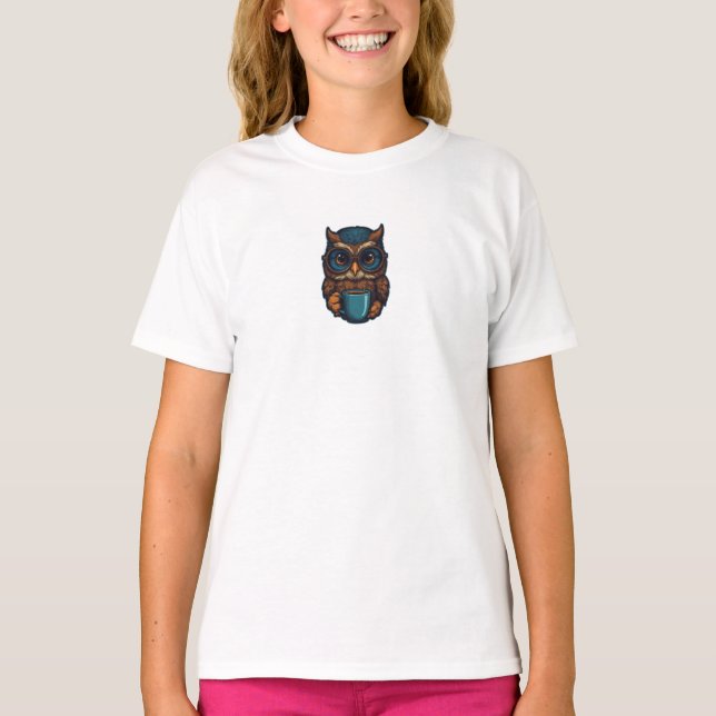 “Cute Owl with Coffee Cup” Funny Design T-Shirt (Front)