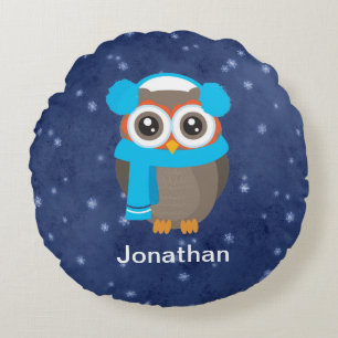 Cute Owl with Ear Muffs and Scarf on Blue Round Cushion