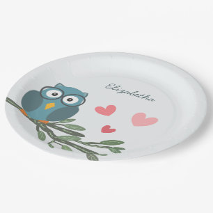 Cute Owl with eyeglasses on a branch custom name Paper Plate