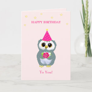Cute Owl with Flower & Birthday Wishes on Pink Card
