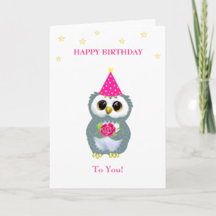 Cute Owl with Flower & Birthday Wishes on White Card