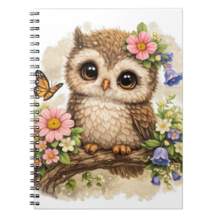 Cute Owl with Flowers Kawaii Woodland Cottagecore Notebook