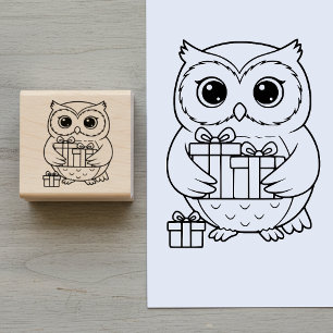 Cute Owl with Gifts Wooden Art Stamp