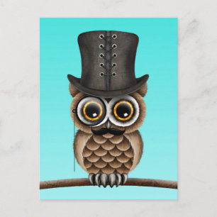 Cute Owl with Monocle and Top Hat Blue Postcard