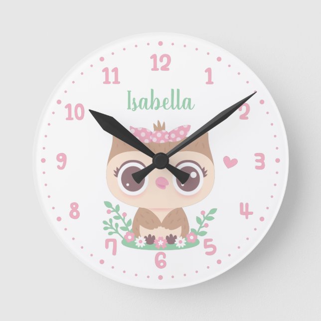 Cute Owl with Pink Bow, Girls Room Personalised Round Clock (Front)