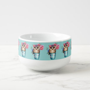 Cute owl with pink flowers on blue background soup mug