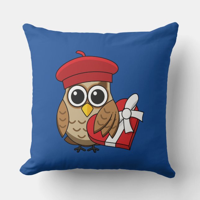 Cute Owl with Red Beret and Heart Box Cushion (Front)