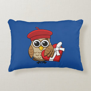 Cute Owl with Red Beret and Heart Box Decorative Cushion