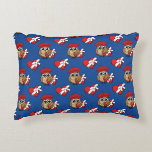 Cute Owl with Red Beret and Heart Box Decorative Cushion