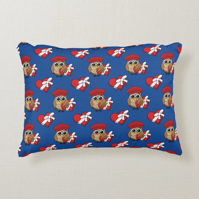 Cute Owl with Red Beret and Heart Box Decorative Cushion (Front)