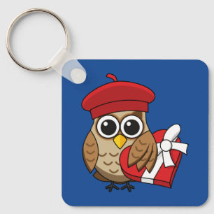 Cute Owl with Red Beret and Heart Box Key Ring