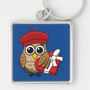 Cute Owl with Red Beret and Heart Box Key Ring
