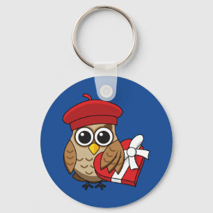 Cute Owl with Red Beret and Heart Box Key Ring