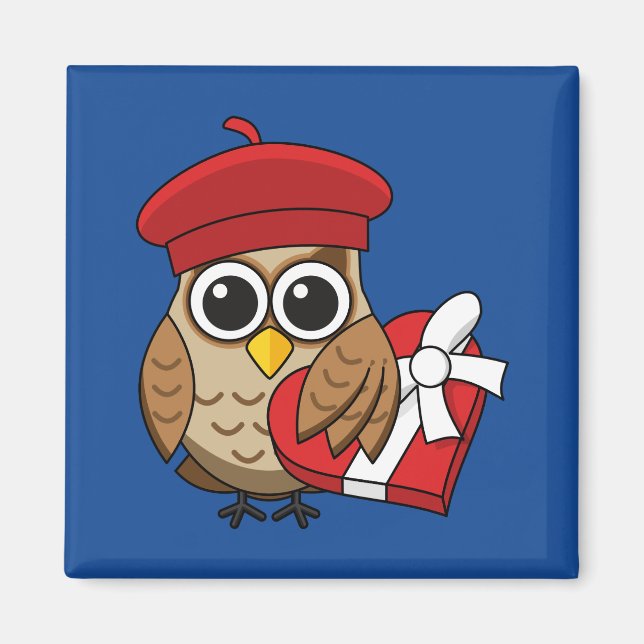 Cute Owl with Red Beret and Heart Box Magnet (Front)
