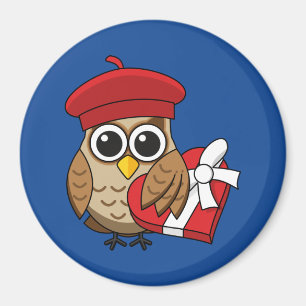Cute Owl with Red Beret and Heart Box Magnet