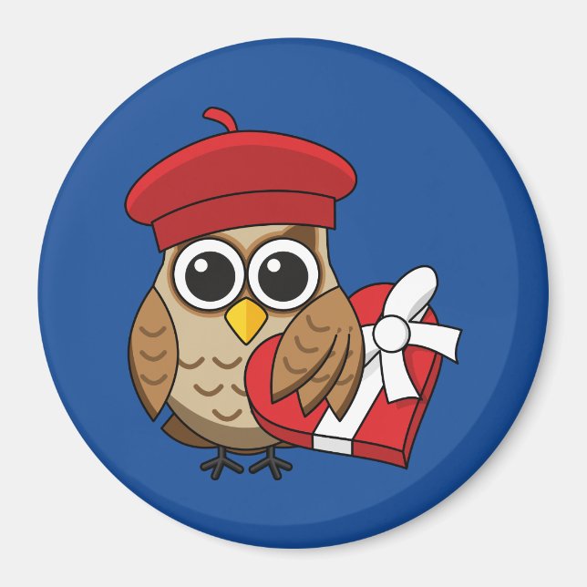 Cute Owl with Red Beret and Heart Box Magnet (Front)