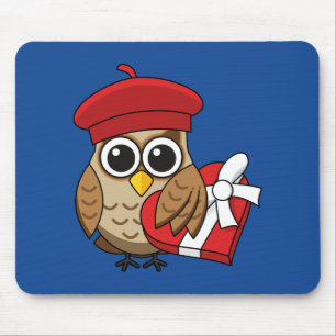 Cute Owl with Red Beret and Heart Box Mouse Mat