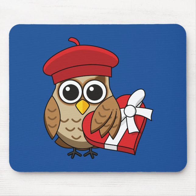Cute Owl with Red Beret and Heart Box Mouse Mat (Front)