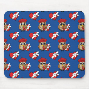 Cute Owl with Red Beret and Heart Box Mouse Mat