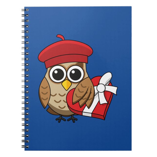 Cute Owl with Red Beret and Heart Box Notebook (Front)