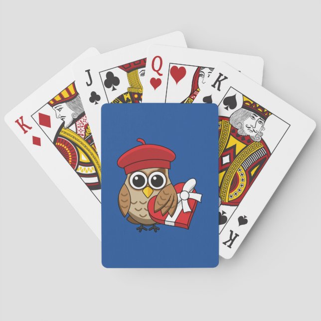 Cute Owl with Red Beret and Heart Box Playing Cards (Back)