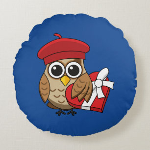 Cute Owl with Red Beret and Heart Box Round Cushion