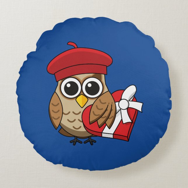 Cute Owl with Red Beret and Heart Box Round Cushion (Front)