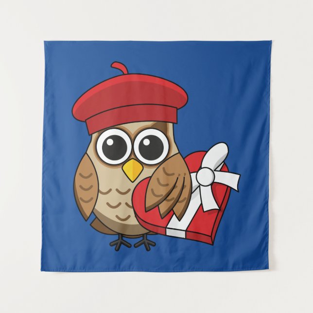 Cute Owl with Red Beret and Heart Box Tapestry (Front)