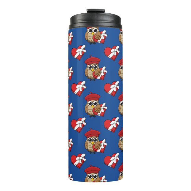 Cute Owl with Red Beret and Heart Box Thermal Tumbler (Front)