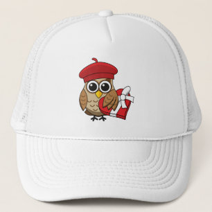 Cute Owl with Red Beret and Heart Box Trucker Hat