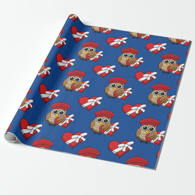 Cute Owl with Red Beret and Heart Box Wrapping Paper (Unrolled)