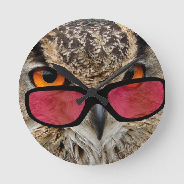 cute owl with spectacles funny hilarious round clock (Front)
