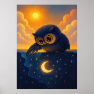Cute Owl with Sun and Moon Fantasy Night Sky  Poster