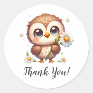 Cute Owl with Sunflower Thank You Classic Round Sticker