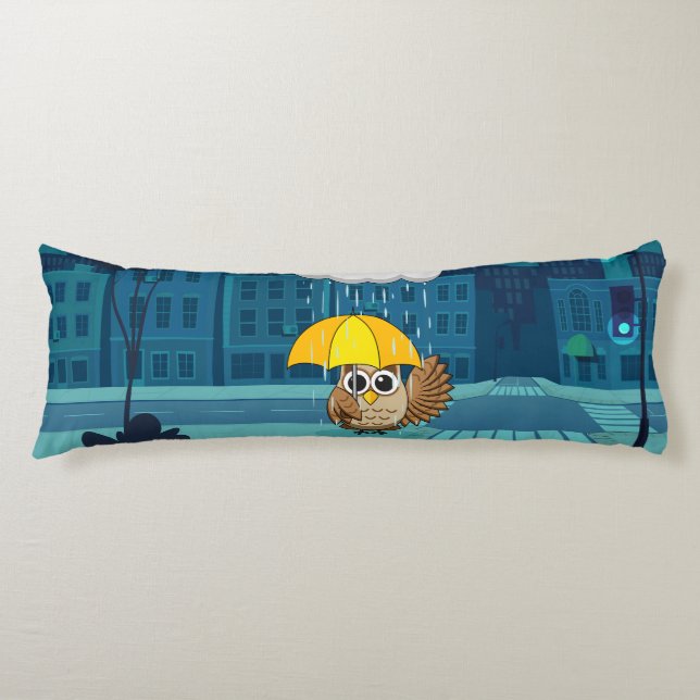 Cute Owl with Umbrella on Rainy Day Body Cushion (Front)