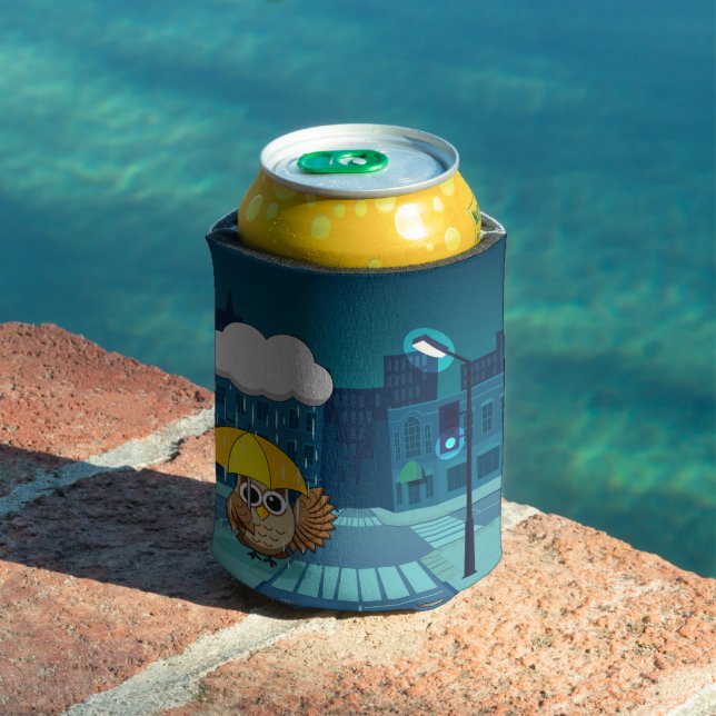 Cute Owl with Umbrella on Rainy Day Can Cooler (In Situ Pool)
