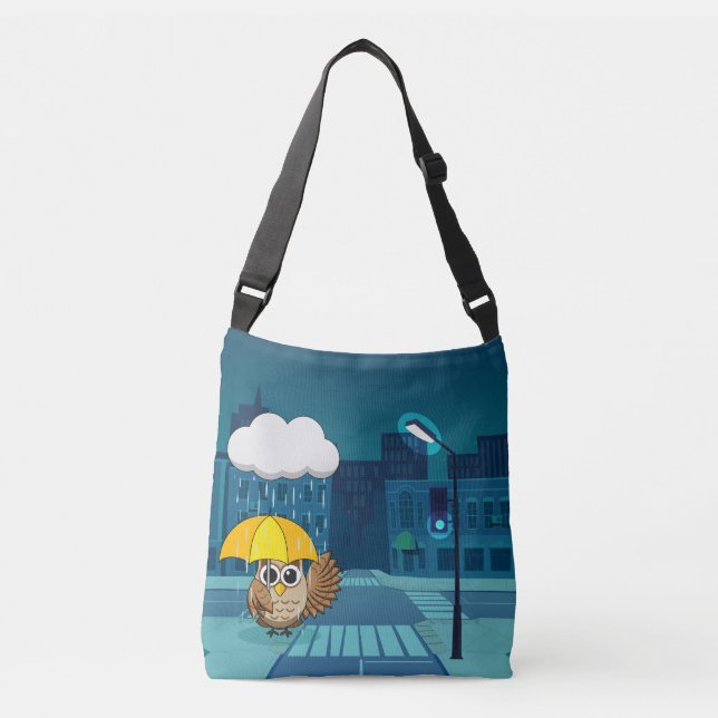 Cute Owl with Umbrella on Rainy Day Crossbody Bag (Front)