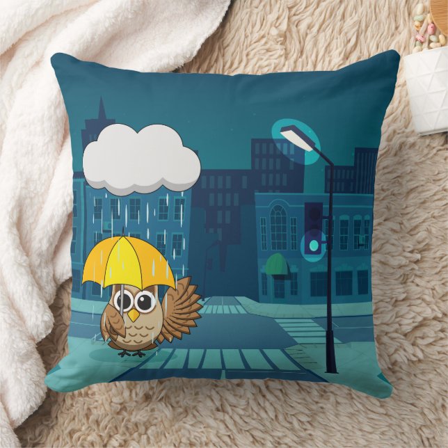 Cute Owl with Umbrella on Rainy Day Cushion (Blanket)