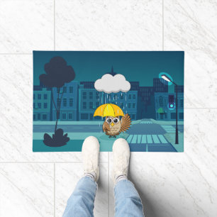 Cute Owl with Umbrella on Rainy Day Doormat