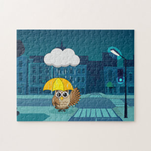 Cute Owl with Umbrella on Rainy Day Jigsaw Puzzle