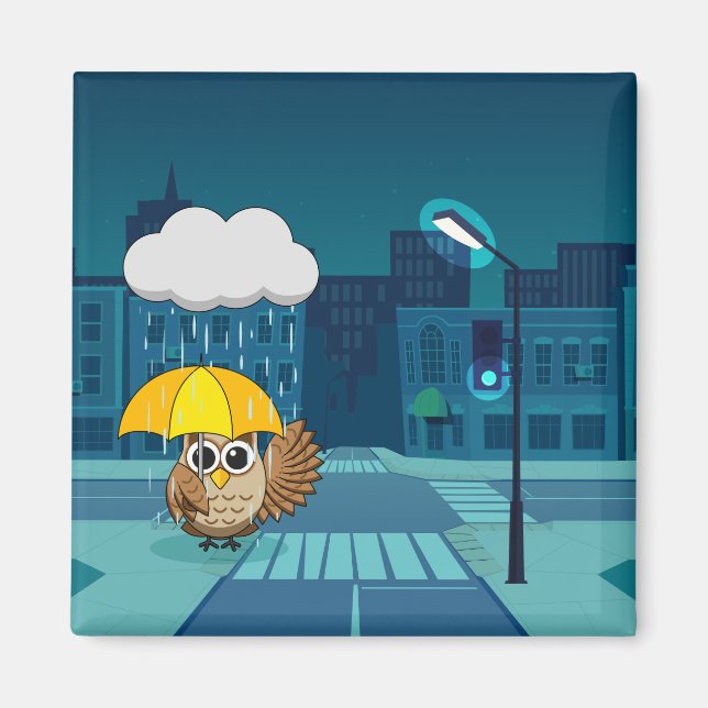 Cute Owl with Umbrella on Rainy Day Magnet (Front)