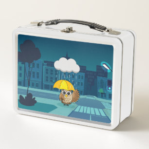 Cute Owl with Umbrella on Rainy Day Metal Lunch Box