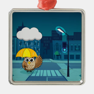 Cute Owl with Umbrella on Rainy Day Metal Tree Decoration