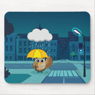 Cute Owl with Umbrella on Rainy Day Mouse Mat