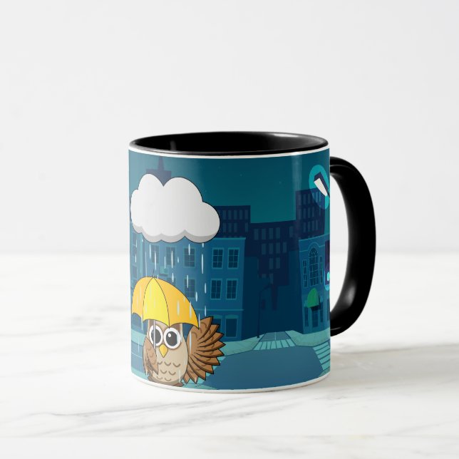 Cute Owl with Umbrella on Rainy Day Mug (Front Right)