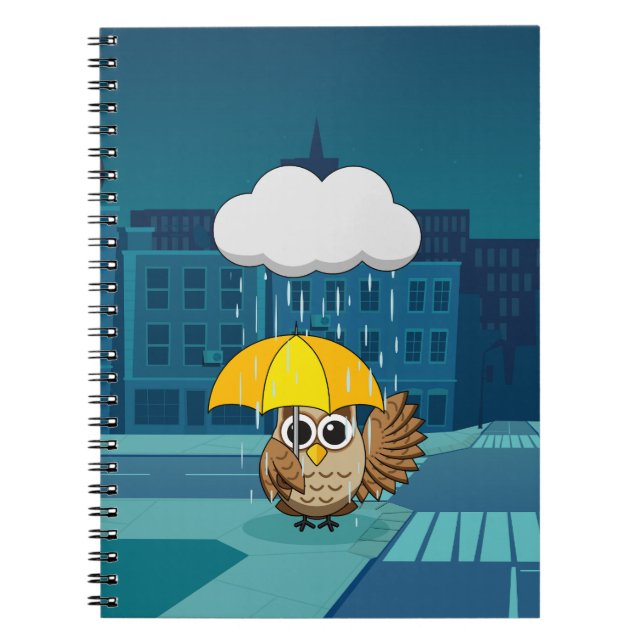 Cute Owl with Umbrella on Rainy Day Notebook (Front)